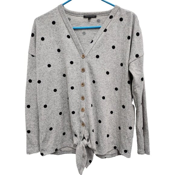 Staccato BOHO Top Womens Small Gray Black Polka Dot Long Sleeve Tie Hem Casual - Picture 1 of 10